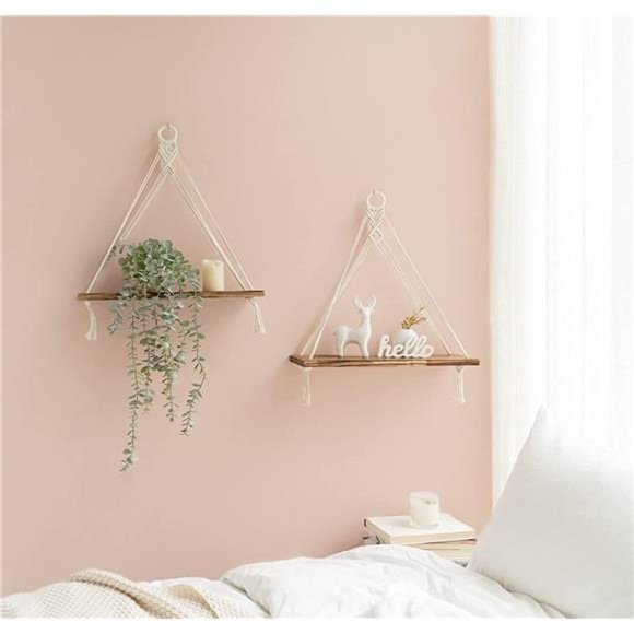 Macrame Hanging Shelves Boho WallDecor Set of 2Rustic Wood Floating StorageShelf - Picture 2 of 6